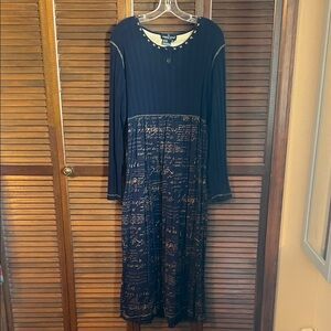 Carole Little Navy Long Sleeve Midi Dress with Script Print and Gold Accent